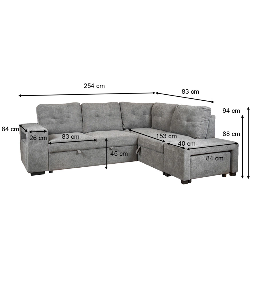 DIVANO LETTO CON PENISOLA A DESTRA BELLAHOME "GAIA" TESSUTO GRIGIO CON POUF E CONTENITORI, 254X83/194X88 CM